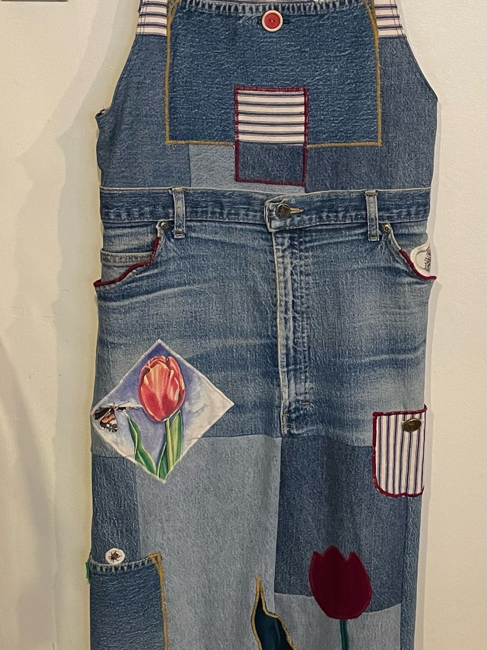 Denim Patchwork Maxi Dress with Tulip Appliqué - Blue